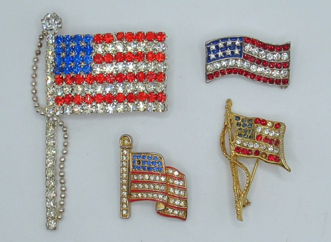 (4) RHINESTONE FLAG PINS -  (1) 3 1/3" TALL RETRO (1 of 2)