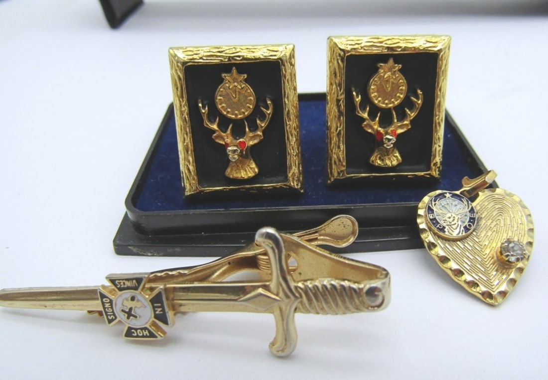 BPOE "ELKS" CUFF LINKS & HEART PENDANT: plus MASONIC TIE CLIP