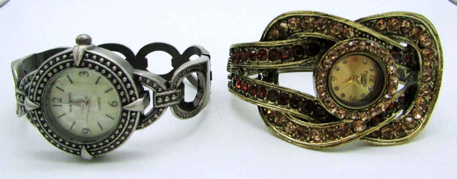 2 FASHION BANGLE WATCHES: FIGARO COUTURE WATCH WITH COLORED STONES ALL AROUND, GOLD TONE,NARMI WATCH, NON TESTED