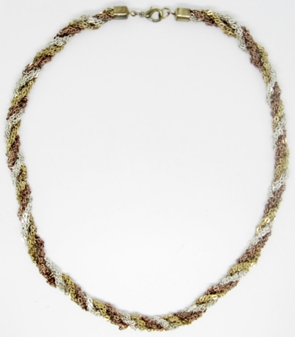 TRI COLOR BRAIDED ROPE NECLACE: GOLD SILVE AND ROSE GOLD TONED