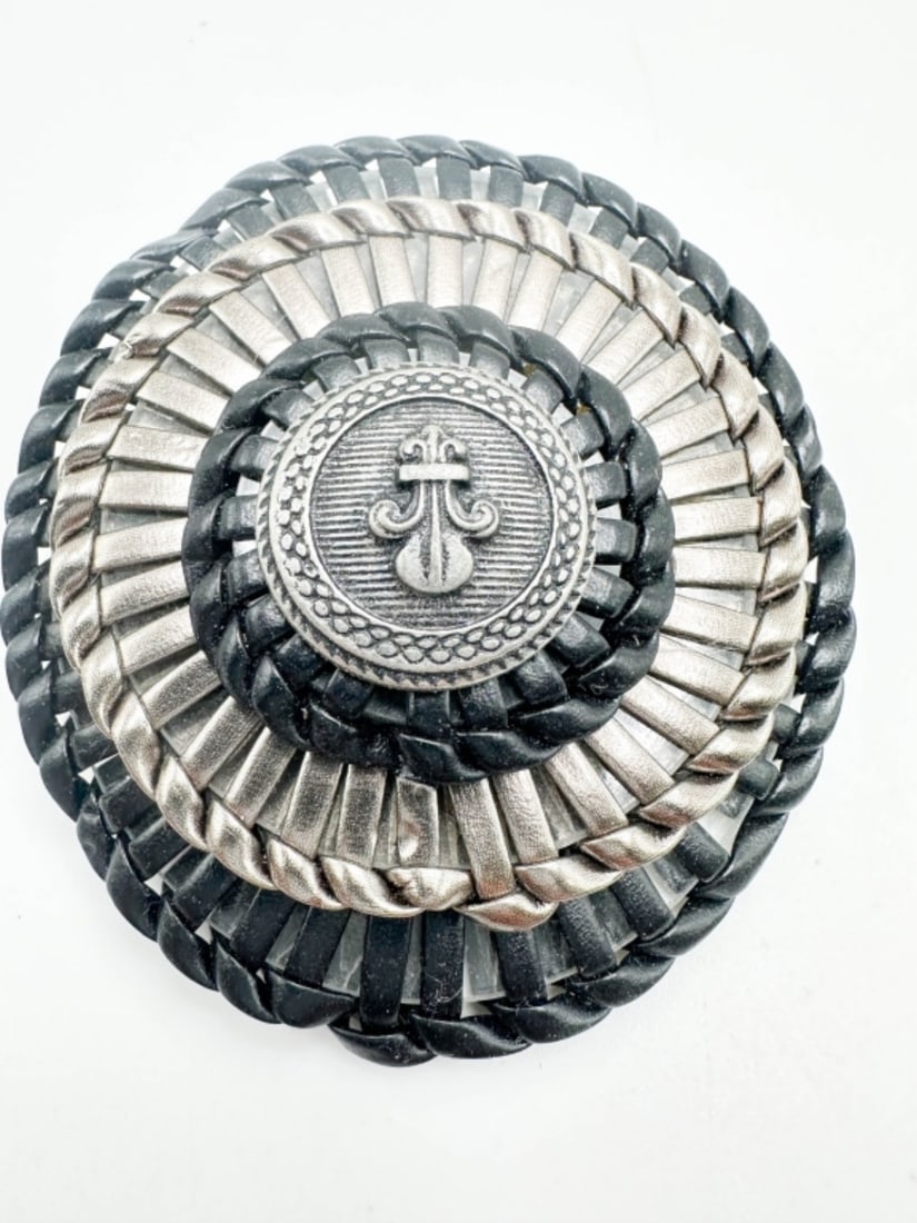 LARGE LEATHER BROOCH: LARGE LEATHER BROOCH WITH MUTED SILVER TONES HIGHLIGHTS