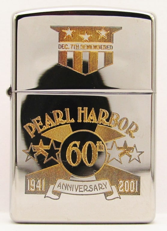 2000 60th Anniversary Pearl Harbor Zippo in Box: Unfired Silver Plate Zippo Lighter "December 7th Remembered Pearl Harbor 60th Anniversary 1941-2001" In Box!