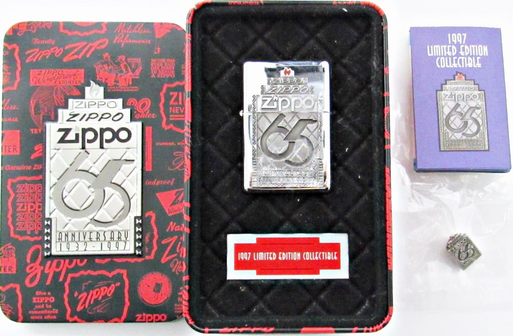 1997 Zippo 65th Anniversary Lighter & Tie Tac Set: MINT Collectible Tin And Lighter Set, Pewter Emblem Chrome Lighter; Sealed!