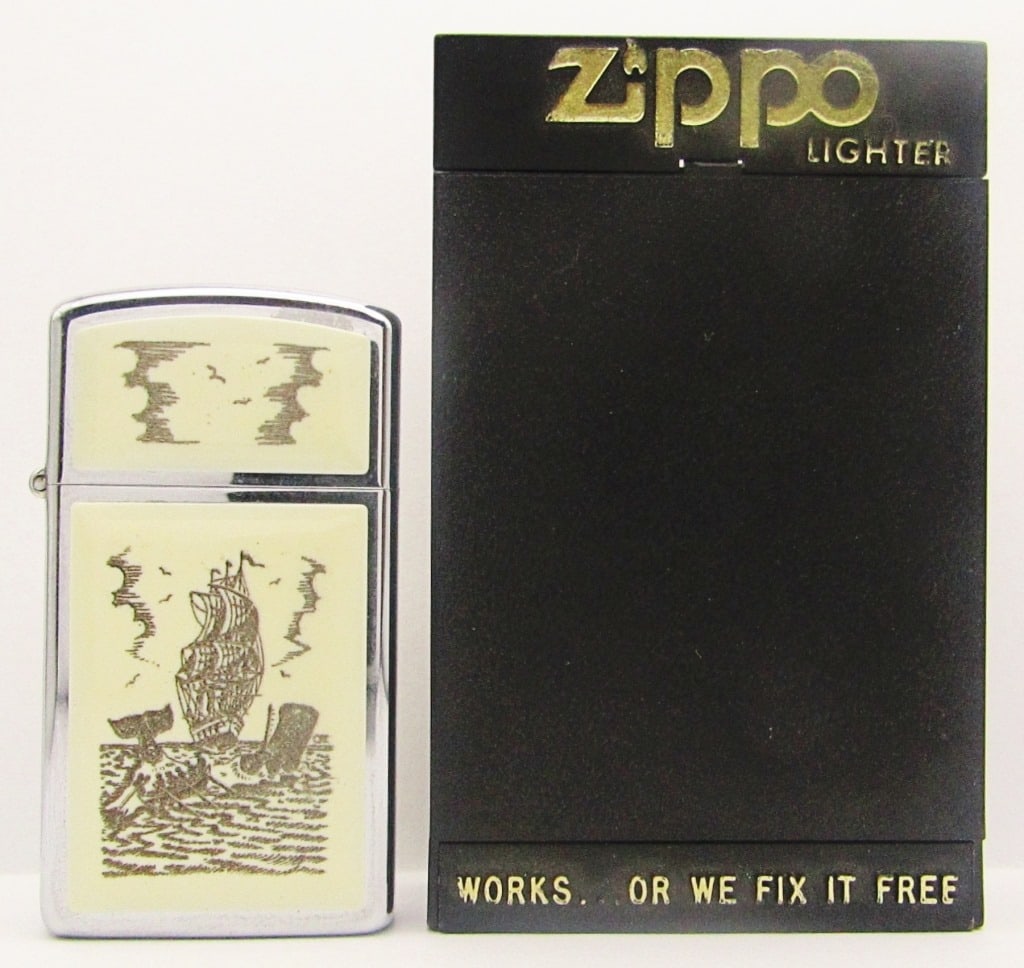 Unfired 1984 Slim Scrimshaw Whale Zippo Lighter: In Original Box.