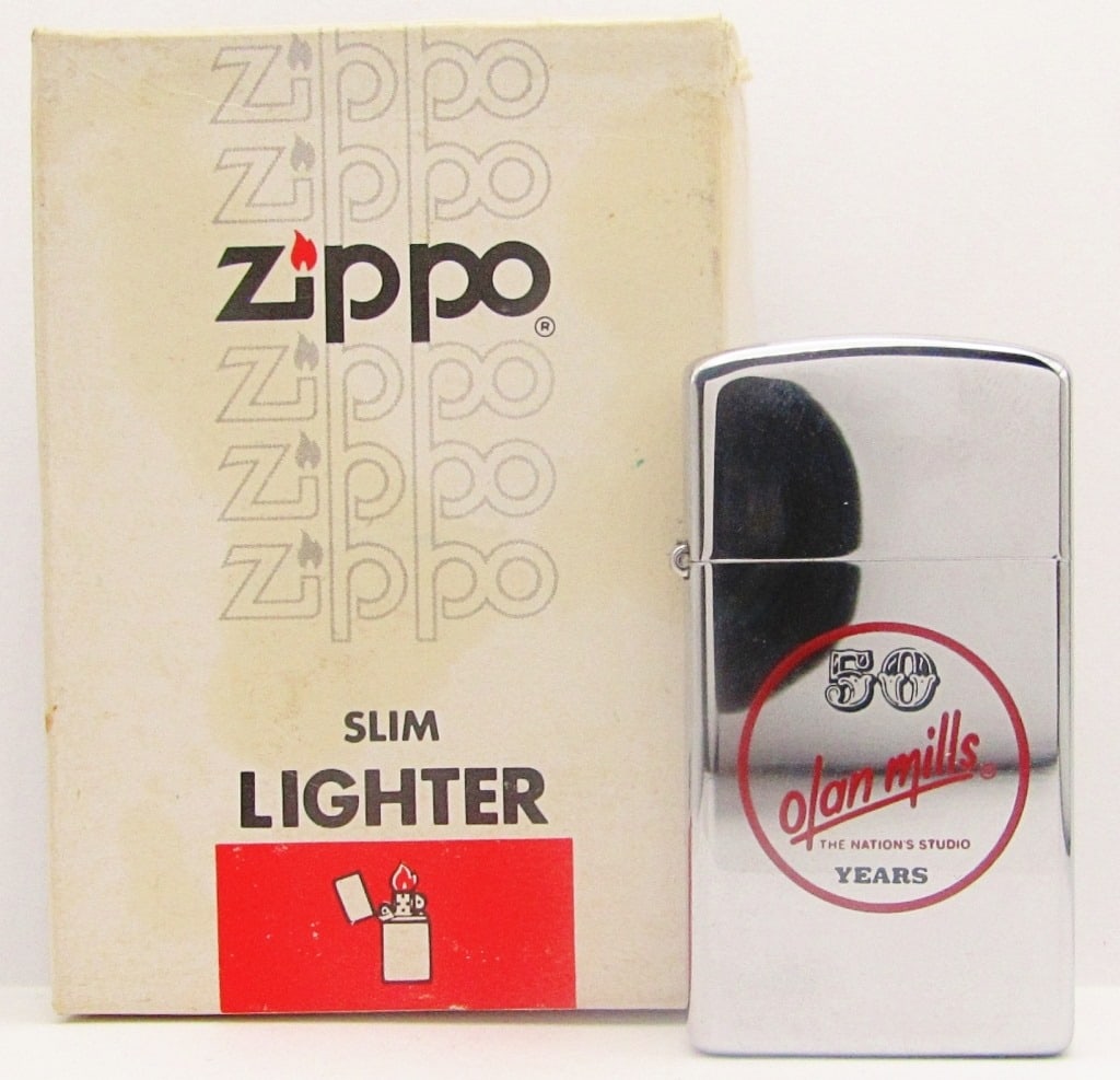1982 Unfired Zippo Slim Advertising Lighter NIB: "50 Years Olan Mills The Nation's Studio";