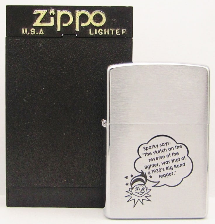 2001 Sparky Says… 1930's Big Band Leader Zippo: Unfired Zippo Lighter; "Sparky Says: The sketch on the reverse of the lighter was that of a 1930's Big Band leader." Sparky appeared in Zippo newspaper ads from 1950 to 1952. New In Case!