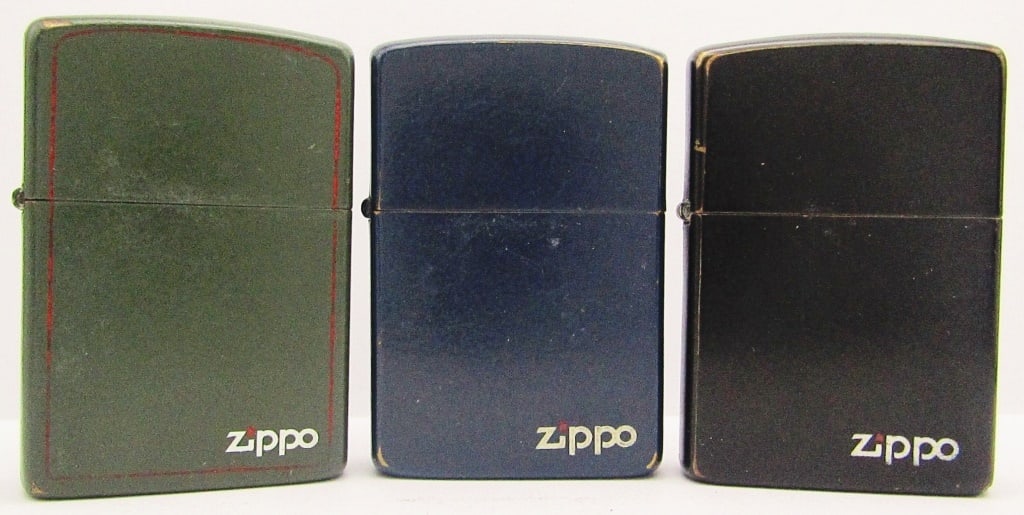 (3) Matte Zippo Lighters - Navy Blue, Black, Green: All Used Conditions, Unknown Dates.