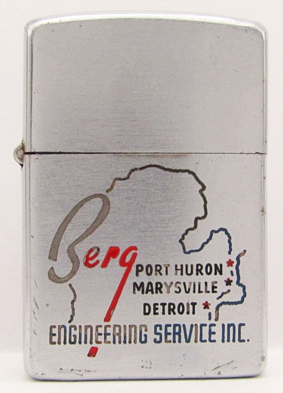 1950-1957 Advertising Zippo Lighter: Berg Engineering Service Inc. Port Huron, Marysville, Detroit; Used Condition.