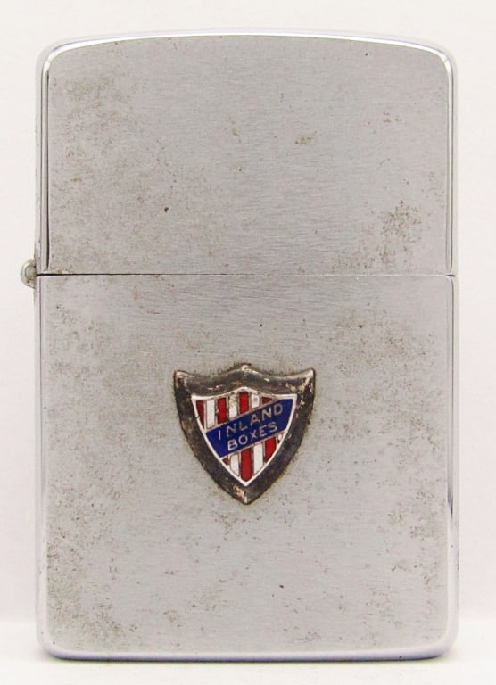 1962 "Inland Boxes" Emblem Zippo Lighter: Lightly Fired, Used Condition.