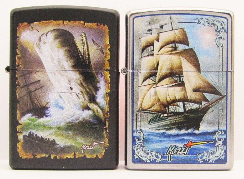 2013 & 2018 Mazzi Tall Ship & Great Whale Zippos: Mazzi Designed Zippos, One Black Matte, One Street Chrome; BOTH SEALED.