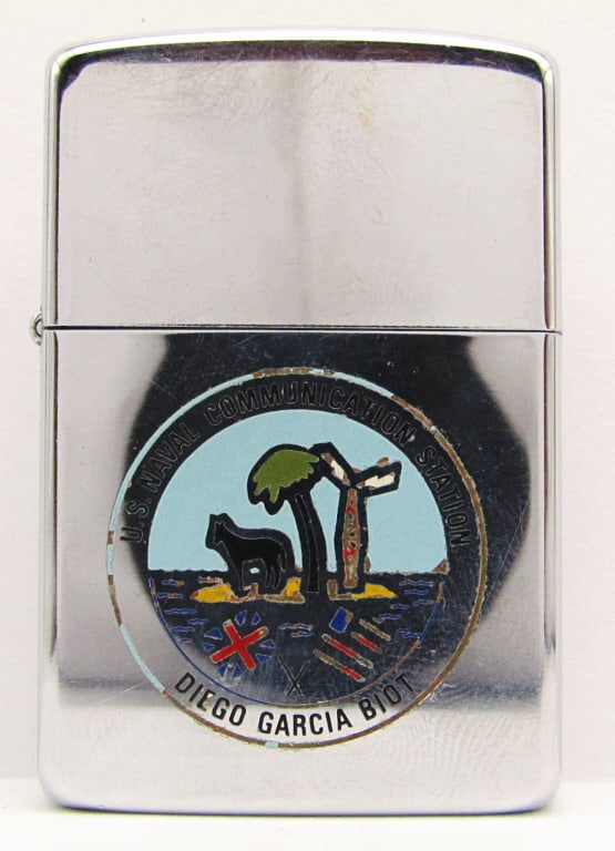 1985 Diego Garcia US Navy Comm. Station Zippo: Lightly Fired, Chrome Zippo Lighter.