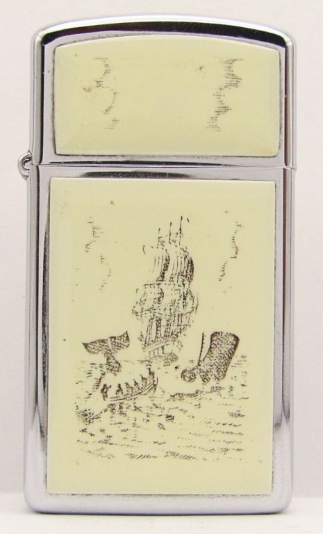 1988 Scrimshaw Ship & Whale Zippo Lighter: Used Condition.
