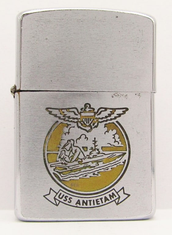 1958 PAT. 2517191 USS Antietam Zippo Lighter: Used Condition, Lighter Lid Slightly Loose.