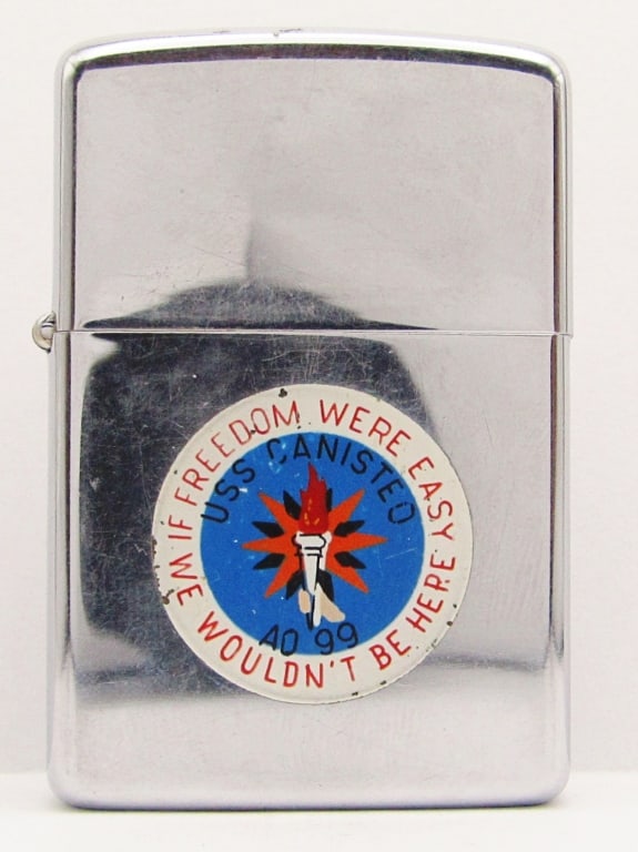 1964 USS Canisteo Badge Chrome Zippo Lighter: "If Freedom Were Eady We Wouldn't Be Here", Used Condition