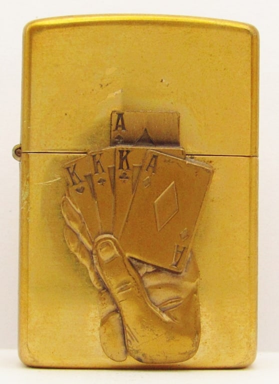 1996 Brass Full House Poker Hand Zippo Lighter: Lightly Fired Zippo Lighter.