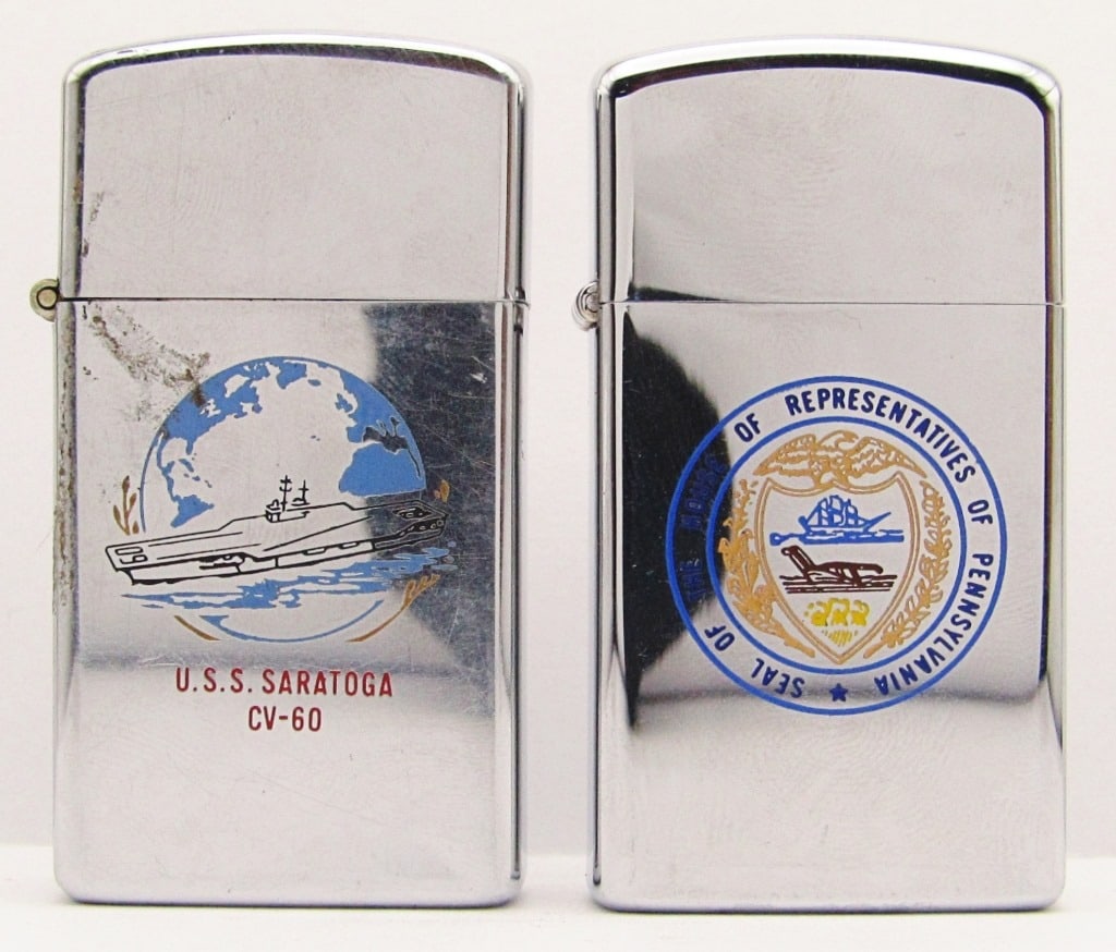 1973 & 1982 Slim Zippo Lighters - U.S.S. Saratoga: CV-60; Seal of the House of Representatives of Pennsylvania; 1973 Unfired!