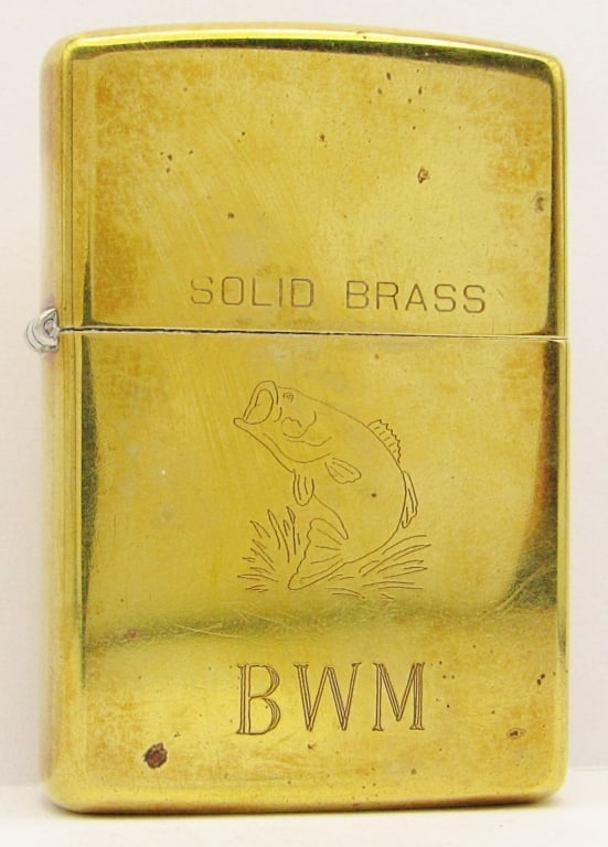 1991 Solid Brass Zippo Lighter W/ Fish & "BWM": Back of Lighter Says "To Blair, From Anita 10-7-91"; Unfired!