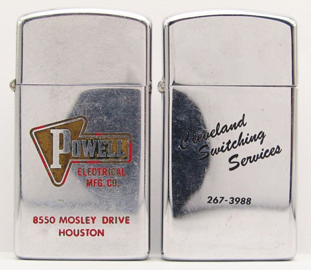 (2) 1975 Advertising Slim Zippos - Used Conditions: Cleveland Switching Services & Powell Electrical MFG. CO. Houston; Slim Chrome Zippo Lighters.
