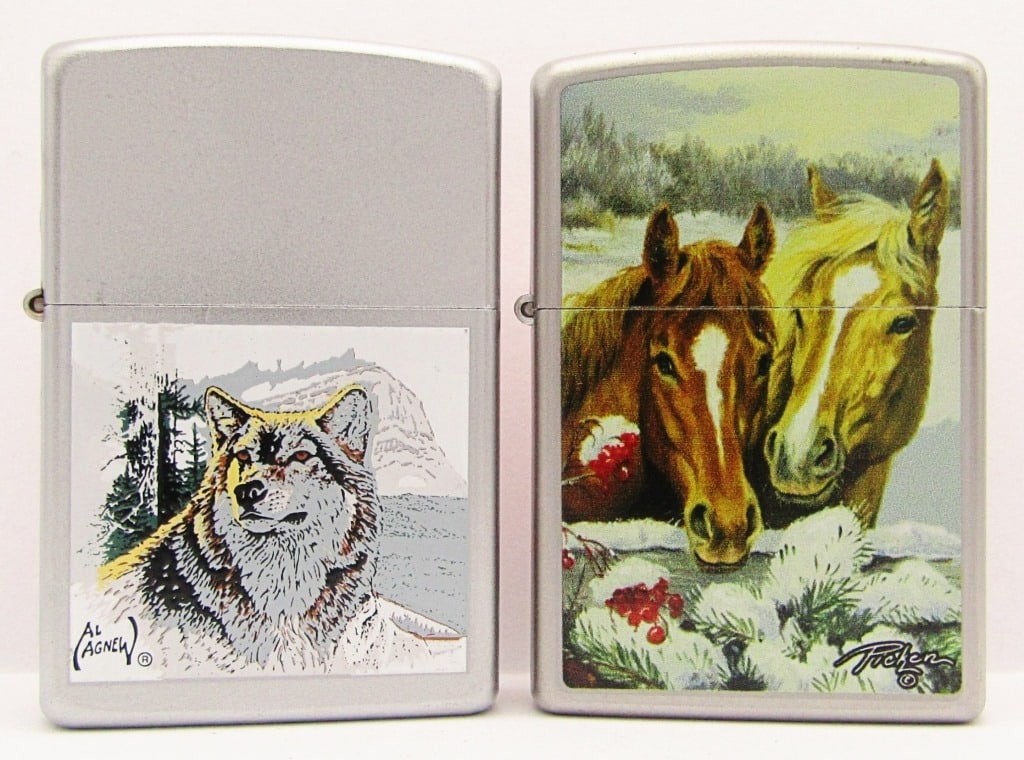 2003 & 2012 Satin Chrome Wolf & Horses Zippo: SEALED Zippo Lighters, Wolf - Al Agnew; Horses - Picker.