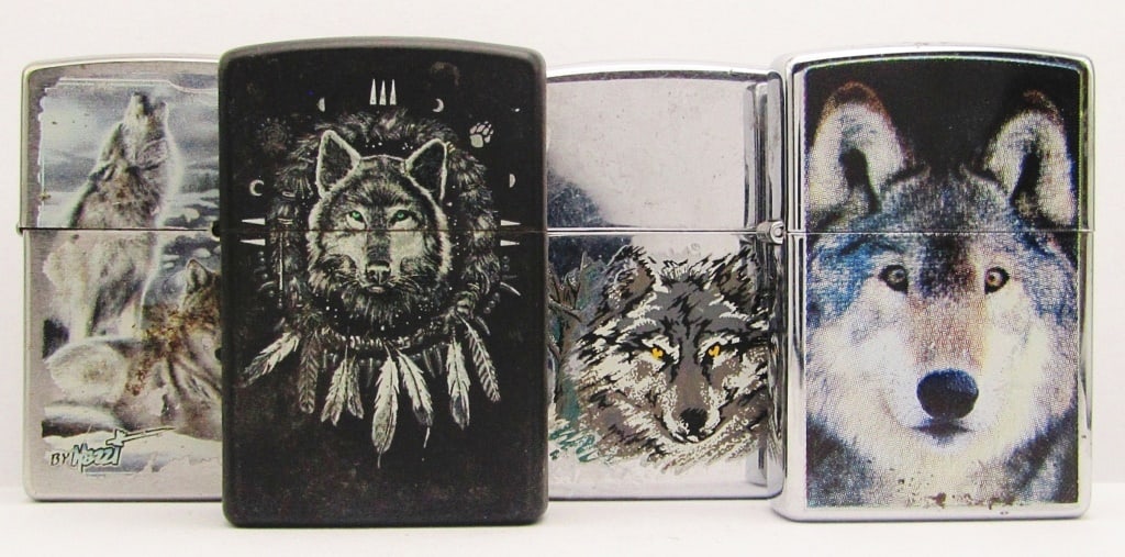 2000, 2002, 2011 & 2016 Wolf Zippo Lighters: 2002 & 2011 Lightly Fired; 2000 & 2016 Used Condition.