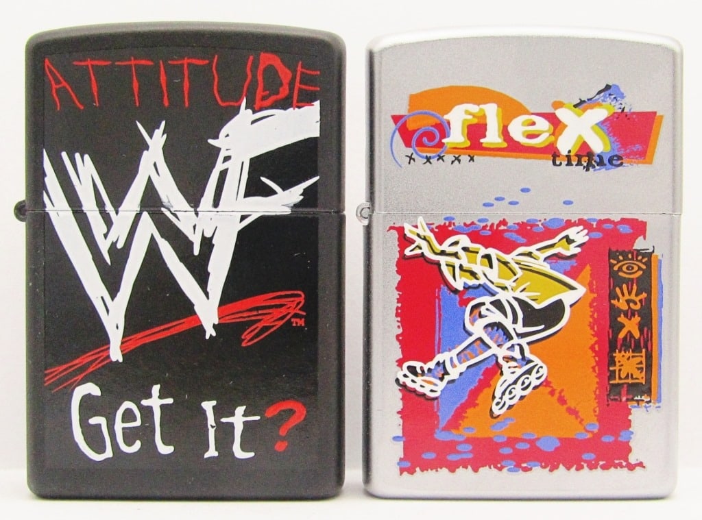 (2) 2000 Unfired Zippo Lighters; Flex Time &: WWF Black Matte; Both Unfired.