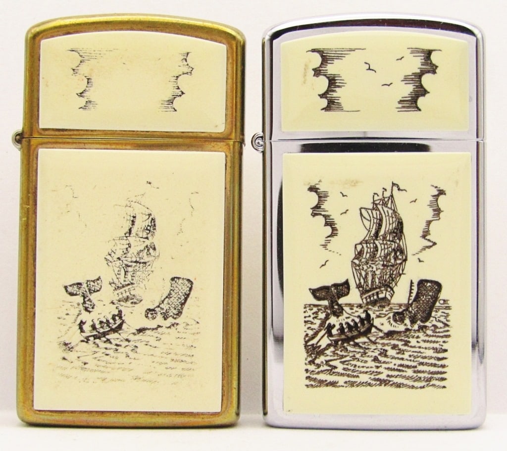 1990 & 1991 Slim Scrimshaw Zippo Lighters: Both Unfired, Both Whale & Tall Ship; One Bronze, One Chrome.