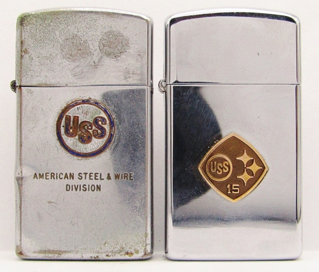 1979 & 1962 USS Slim Zippo Lighters: Unfired, "USS 15" & USS American Steel & Wire Division" (Has Some Rust, Pictured).