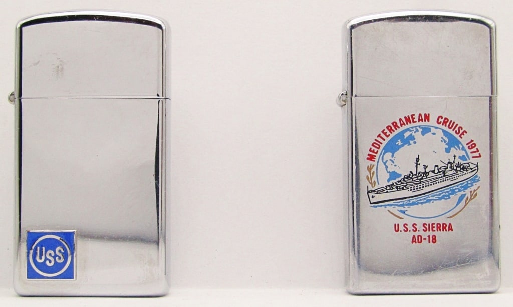 1968 & 1976 USS Slim Chrome Zippo Lighters: USS Blue Emblem & Mediterranean Cruise 1977 U.S.S. Sierra AD-18; Both Used Conditions.