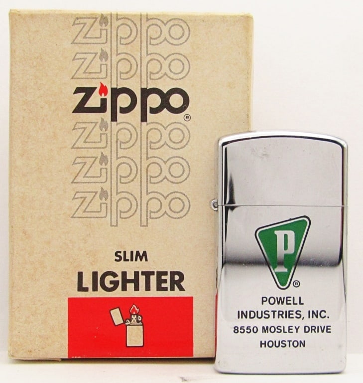 1978 Unfired Slime Chrome Advertising Zippo: "Powell Industries, INC. Houston"; Unfired In Original Box!
