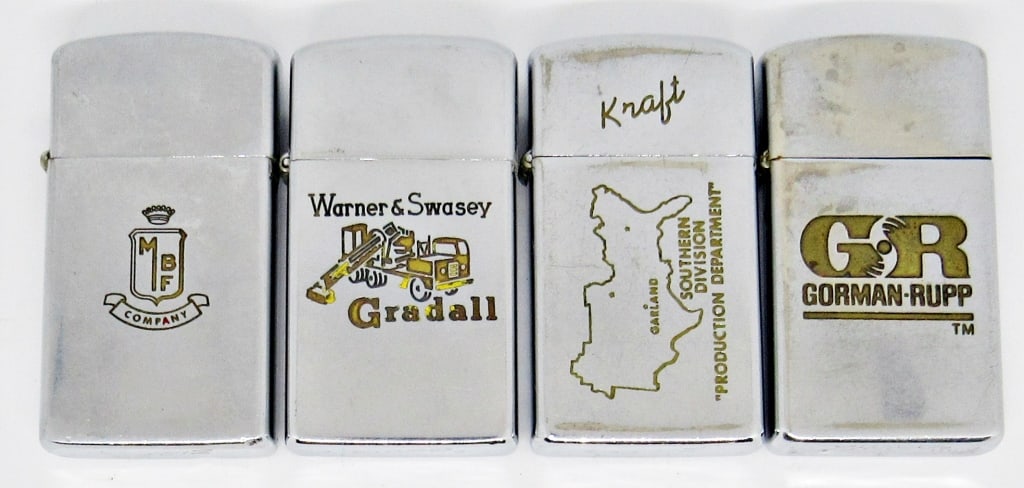 (4) 1950's-1960's SILVER TONE ZIPPO LIGHTERS: ANTIQUE SILVER TONE ZIPPOS; SLIM STYLE; VARIOUS ENGRAVED LOGOS; ALL IN USED CONDITION