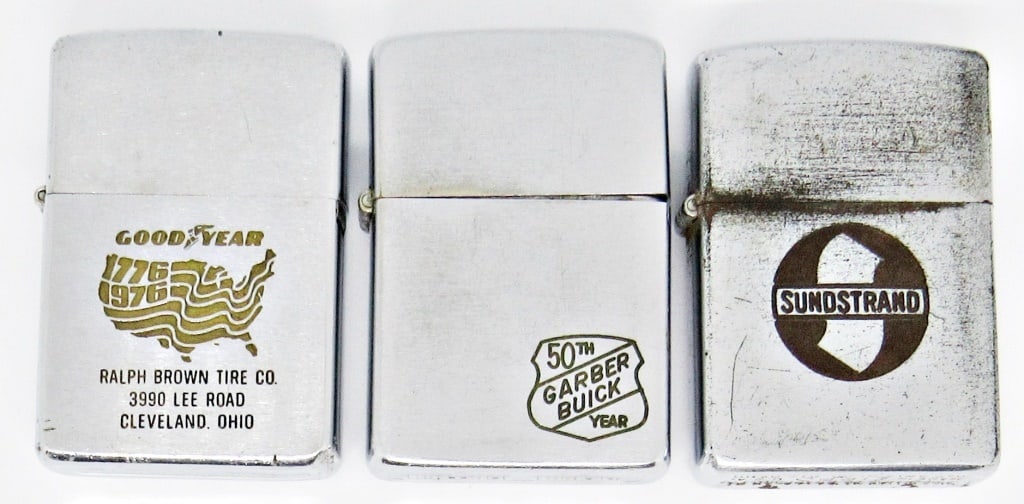(3) VINTAGE CHROME ZIPPO LIGHTERS: (3) VINTAGE BRUSHED CHROME SILVER TONE ZIPPO LIGHTERS; VARIOUS ENGRAVED LOGOS; USED CONDITION