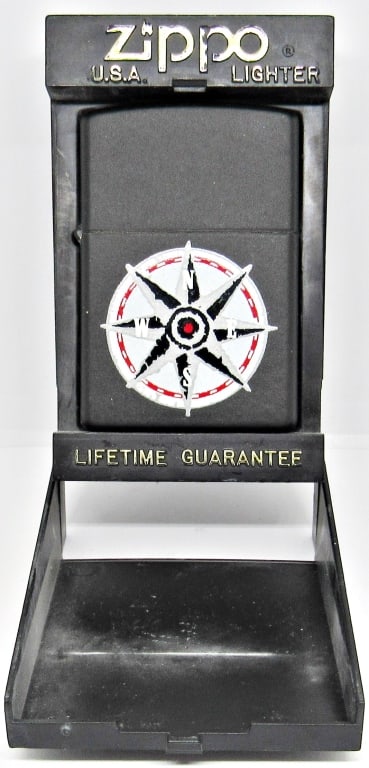 VINTAGE BLACK MATTE ZIPPO LIGHTER IN CASE: VINTAGE BLACK MATTE ZIPPO LIGHTER, COMPASS DESIGN, USED CONDITION; IN ORIGINAL PLASTIC DISPLAY CASE