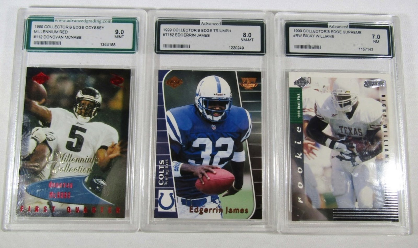 (3) AGS GRADED FOOTBALL ROOKIES: EDGERRIN JAMES, RICKY WILLIAMS, DONOVAN McNABB - VARIOUS GRADED NM or BETTER
