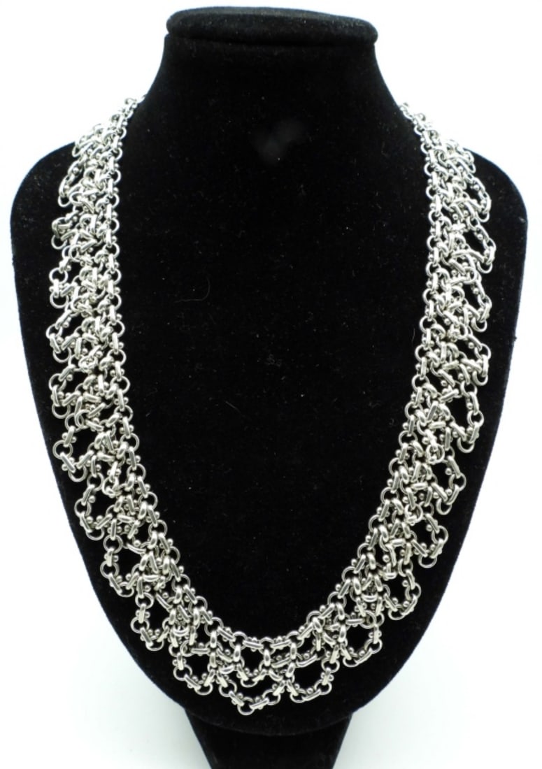 FESTOON 925 NECKLACE: 61DWT, 19IN LENGTH, BIKECHAIN STYLE DESIGN, STAMPED WITH 925 INDIA, AND HAS A HOOK CLASP, ADJUSTABLE
