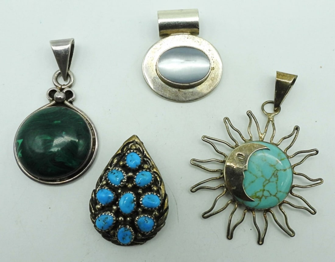 (4) MEXICO 925 PENDANTS: 30 DWT,1- SUN/MOON W/SLEEPING BEAUTY STONE STAMPED MEXICO, 1 -TURQUOISE STAMPED 925 "J", 1-MOTHER OF PEARL TC-319 MEXICO 925, AND 1- JADE STONE STAMPED TC-319 MEXICO 925