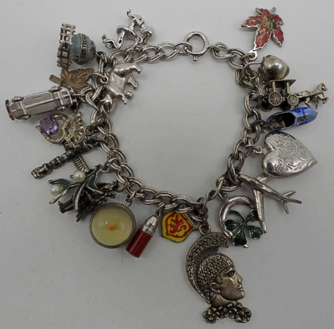 STERLING CHARM BRACELET - LOADED w/CHARMS (1 of 6)