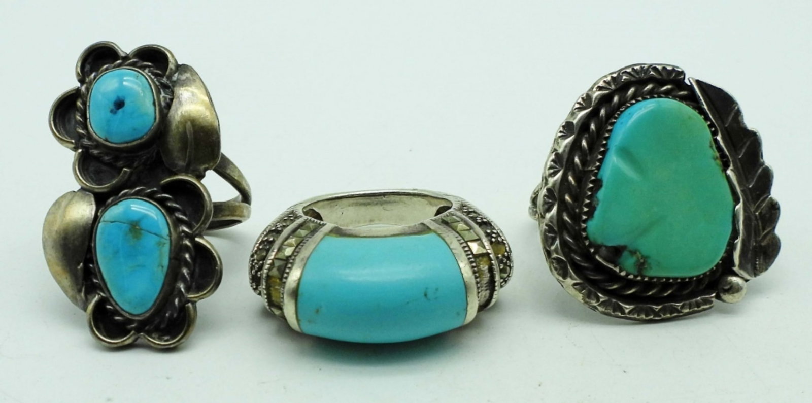 (3) TURQUOISE & SLEEPING BEAUTY RINGS: 16.6DWT,SIZES 5,6,8, SLEEPING BEAUTY STONE HAS MARCASITE STONES SOME ARE MISSING FOR REPAIR