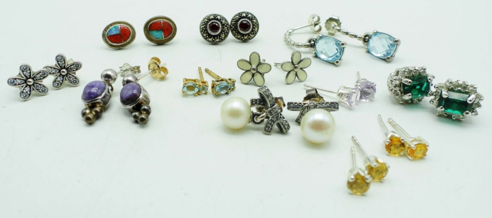 (12) PAIRS STERLING PIERCED EARRINGS w/GEMS (1 of 3)