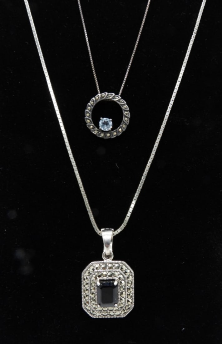 LOT OF 2 STONE PENDANT NECKLACES: NF 925 MARCASITE STERLING PENDANT on BOX CHAIN 24" LONG & 925 CIRCLE MARCASITE TOPAZ STONE NECKLACE 16" ( 16 DWT)