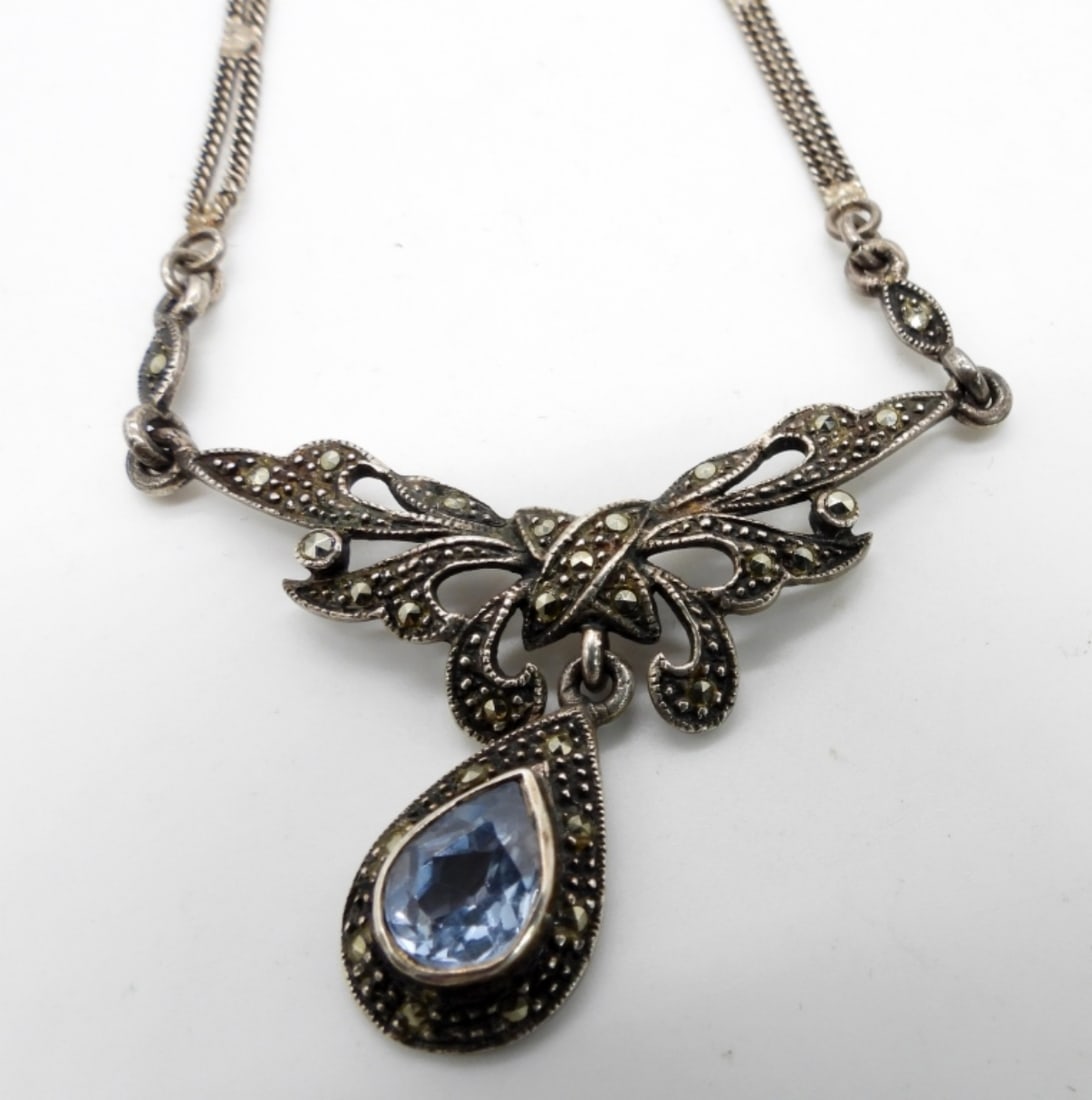 925 MARCASITE & BLUE TOPAZ NECKLACE: 18" LONG (7 DWT)