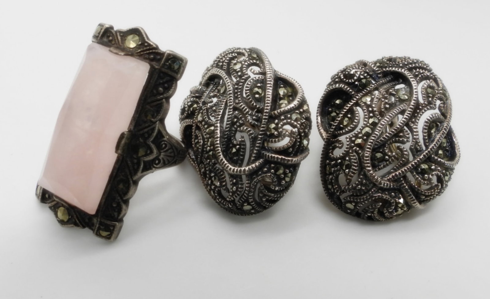 MARCASITE & STERLING RING and EARRINGS: VINTAGE UNCAS RING size 4 & CLIP ON EARRINGS (11 DWT)