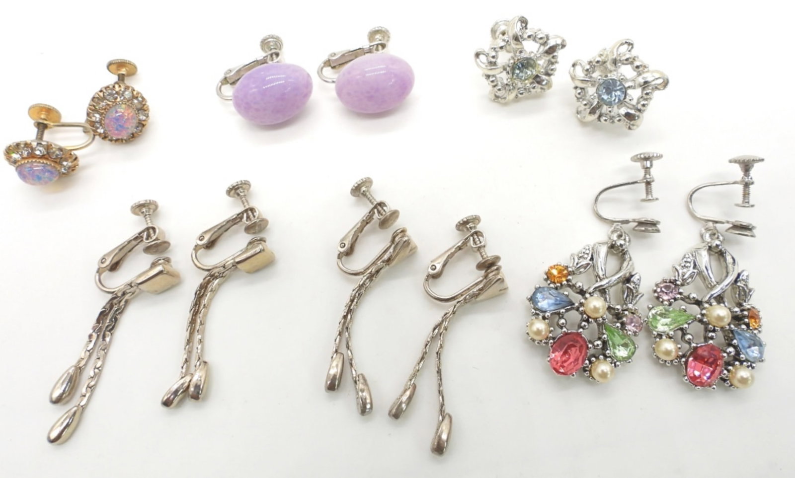 (6) PAIR CLIP-ON EARRINGS - GOLDETTE,: LES BERNARD, STAR & MORE - SCREW BACK (1) COLORFUL PAIR missing FAUX PEARLS at POST;