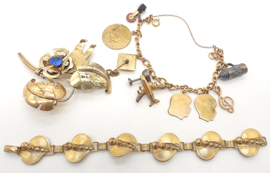 12k GOLD FILLED JEWELRY LOT -CHARM BRACELET: PIN & BRACELET