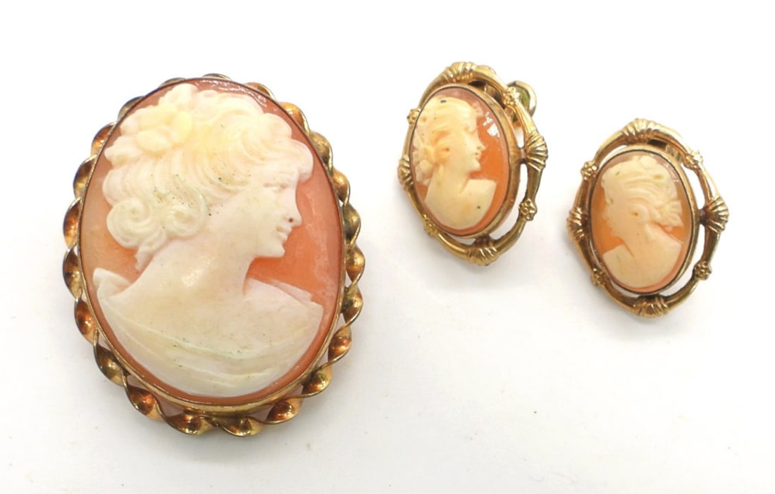 CAMEO PIN & EARRINGS - GOLD FILLED VINTAGE: PIN/PENDANT & SCREWBACK EARRINGS