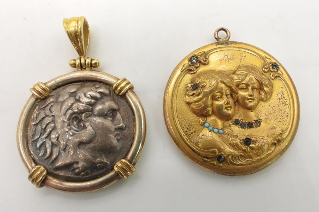 ANCIENT COIN CAMEO & GOLD TONE CAMEO LOCKET: LOCKET has TWO GIRLS on FRONT & ENGRAVED on REV & ANCIENT ROMAN COIN in PENDANT; Measures 1 1/4" & 1 1/2".