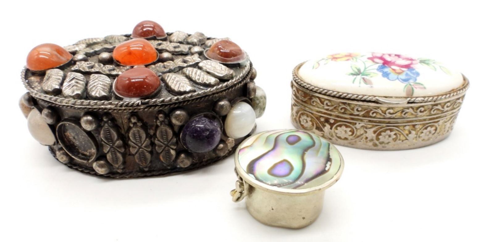(3) KEEPSAKE / PILL BOXES: (1) ALPACA w/ABALONE: (1) SOUTHWEST missing One Natural Stone (1) FLORAL ORNATE