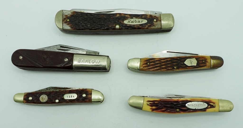 (5) Vintage Folding Pocket Knives;: Kabar Old Timer Trappers Knife 2-Blade; Winchester 2004 3-Blade, Sabre Japan 3-Blade, Barlow Imperial Ireland 2-Blade, Boker Solingen Germany 1584 2-Blade; All Used Conditions.