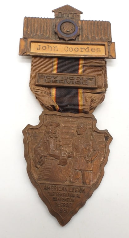 WWI Veteran American Legion 1931: National Convention in Detroit Michigan Medal - BOY SCOUT SERVICE PIN / NAMED RIBBON