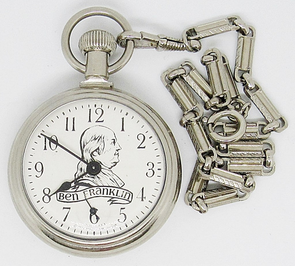1974 BRADLEY TIME BEN FRANKLIN POCKET WATCH: 1776-1976 BICENTENNIAL on BACK - RUNNING CONDITION