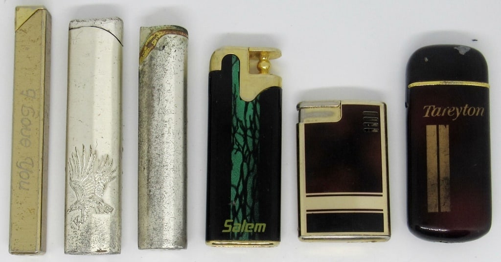 LOT OF 6 VINTAGE ASSORTED LIGHTERS: INCLUDING COLIBRI, SALEM, TAREYTON, USED CONDITION